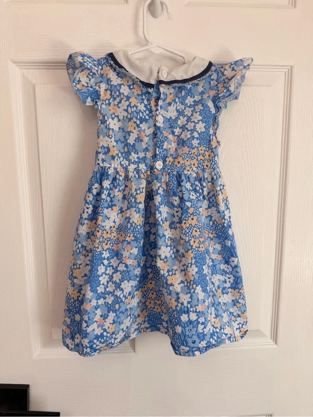 Vtg Girls Marie-Nicole blue floral smocked dress Size L (5T) White Collar Short
